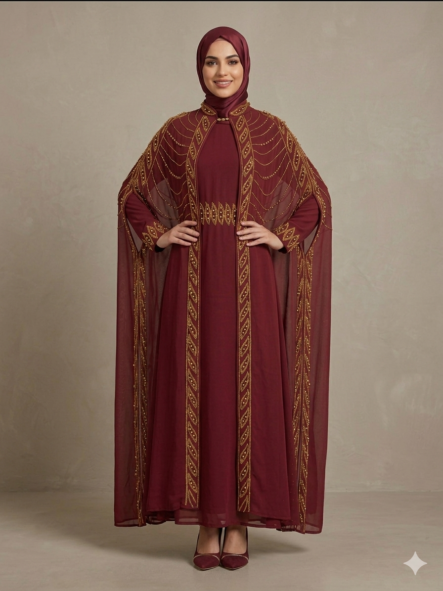 A majestic burgundy evening dress