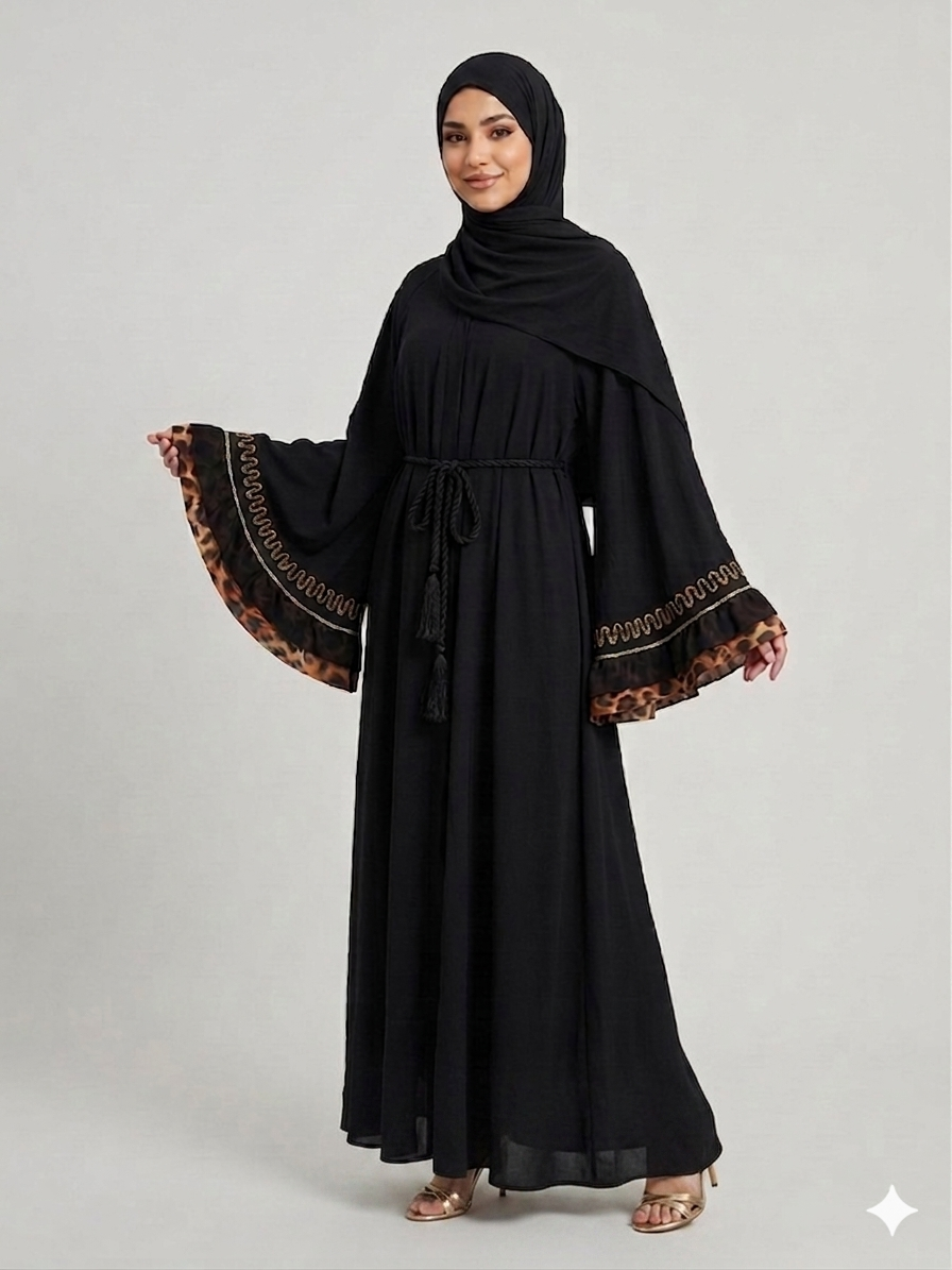 An elegant black abaya featuring flared bell sleeves with leopard-print trim