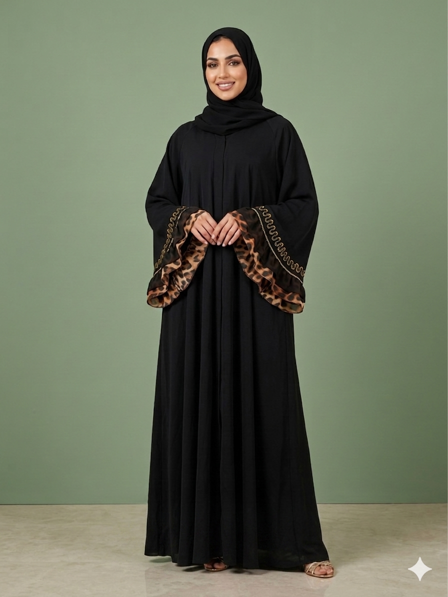 An elegant black abaya featuring flared bell sleeves with leopard-print trim