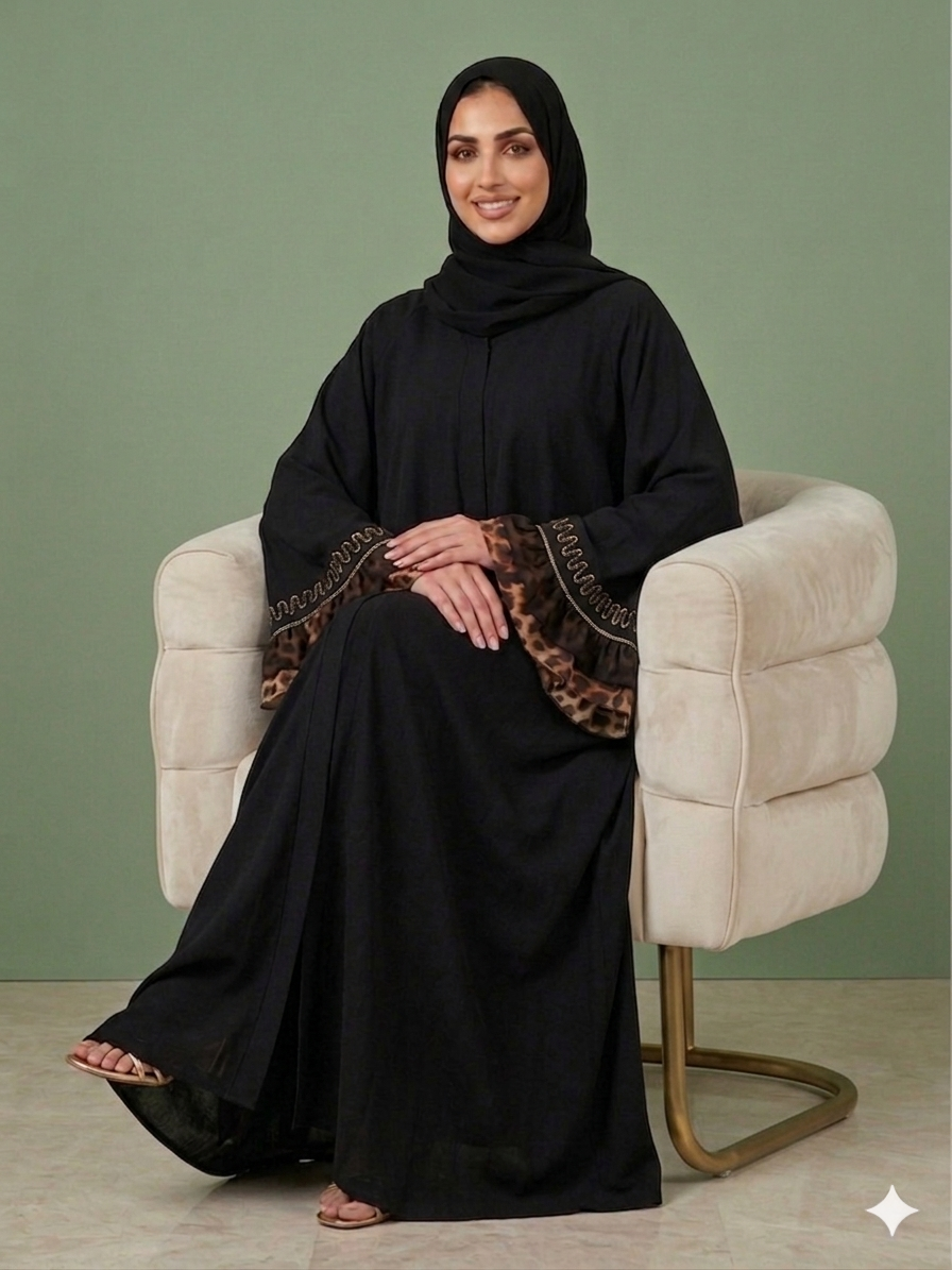 An elegant black abaya featuring flared bell sleeves with leopard-print trim