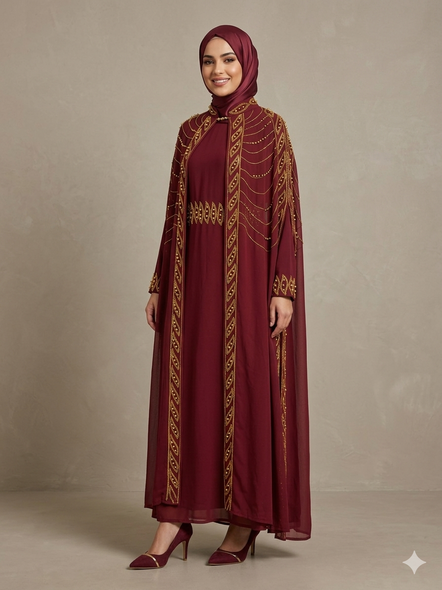 A majestic burgundy evening dress