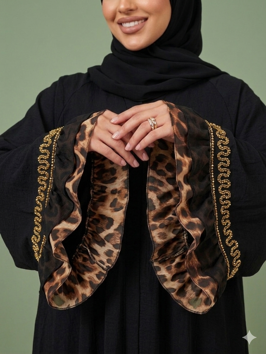 An elegant black abaya featuring flared bell sleeves with leopard-print trim