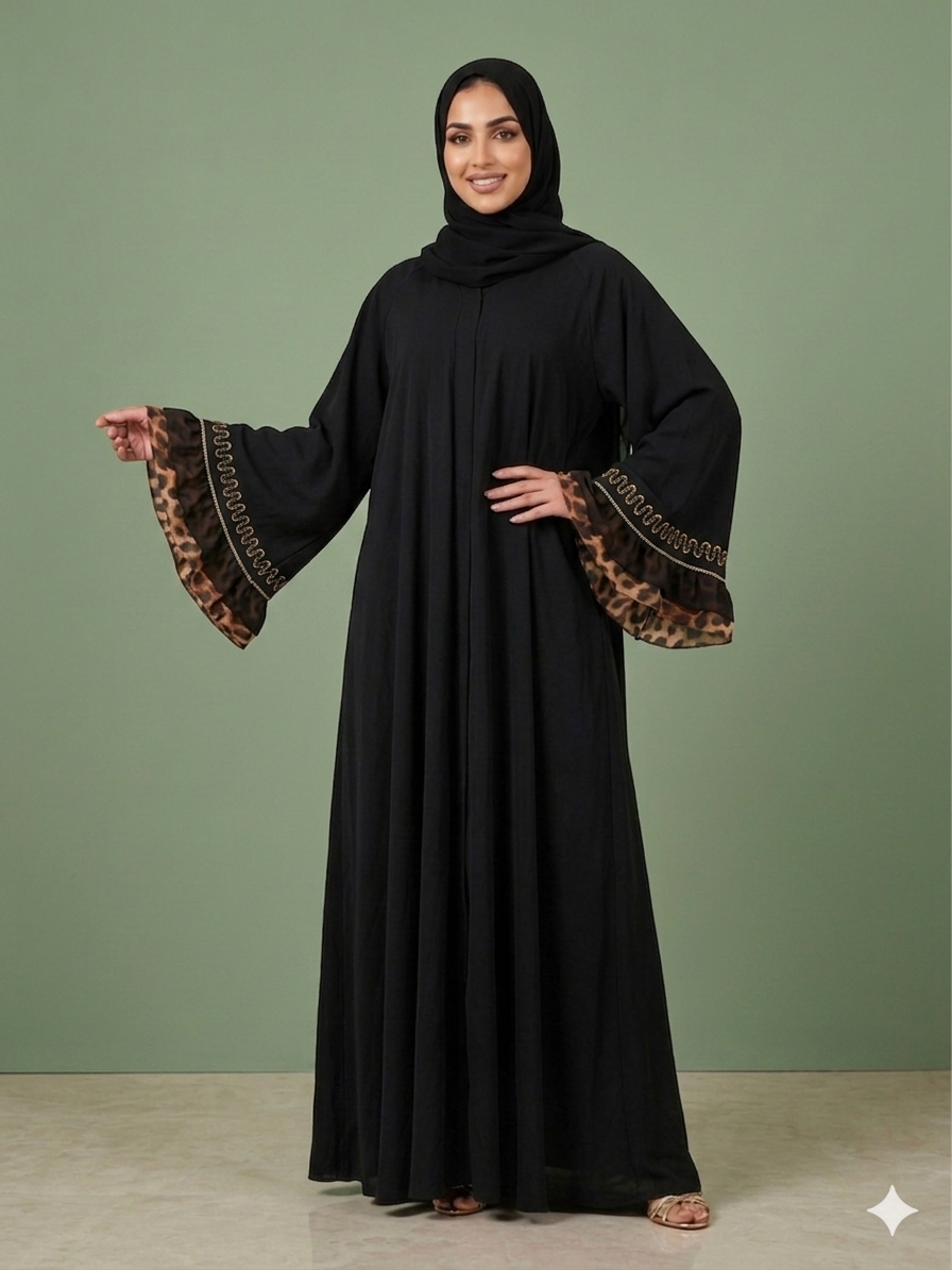 An elegant black abaya featuring flared bell sleeves with leopard-print trim