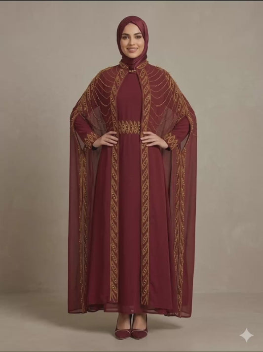 A majestic burgundy evening dress